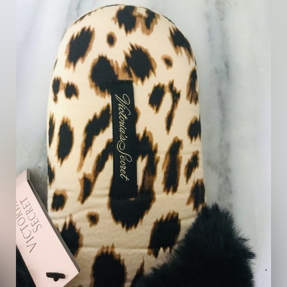 Victoria’s Secret Leopard Black Fur Trim Bedroom Slippers Slides Size L - Picture 4 of 7